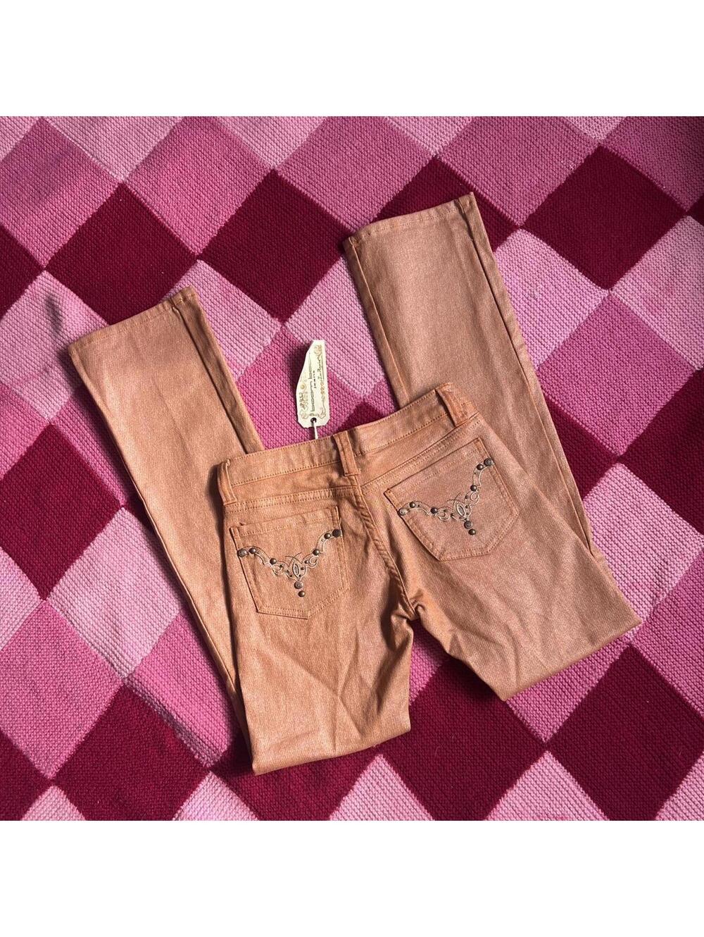 y2k metallic orange low rise flare jeans